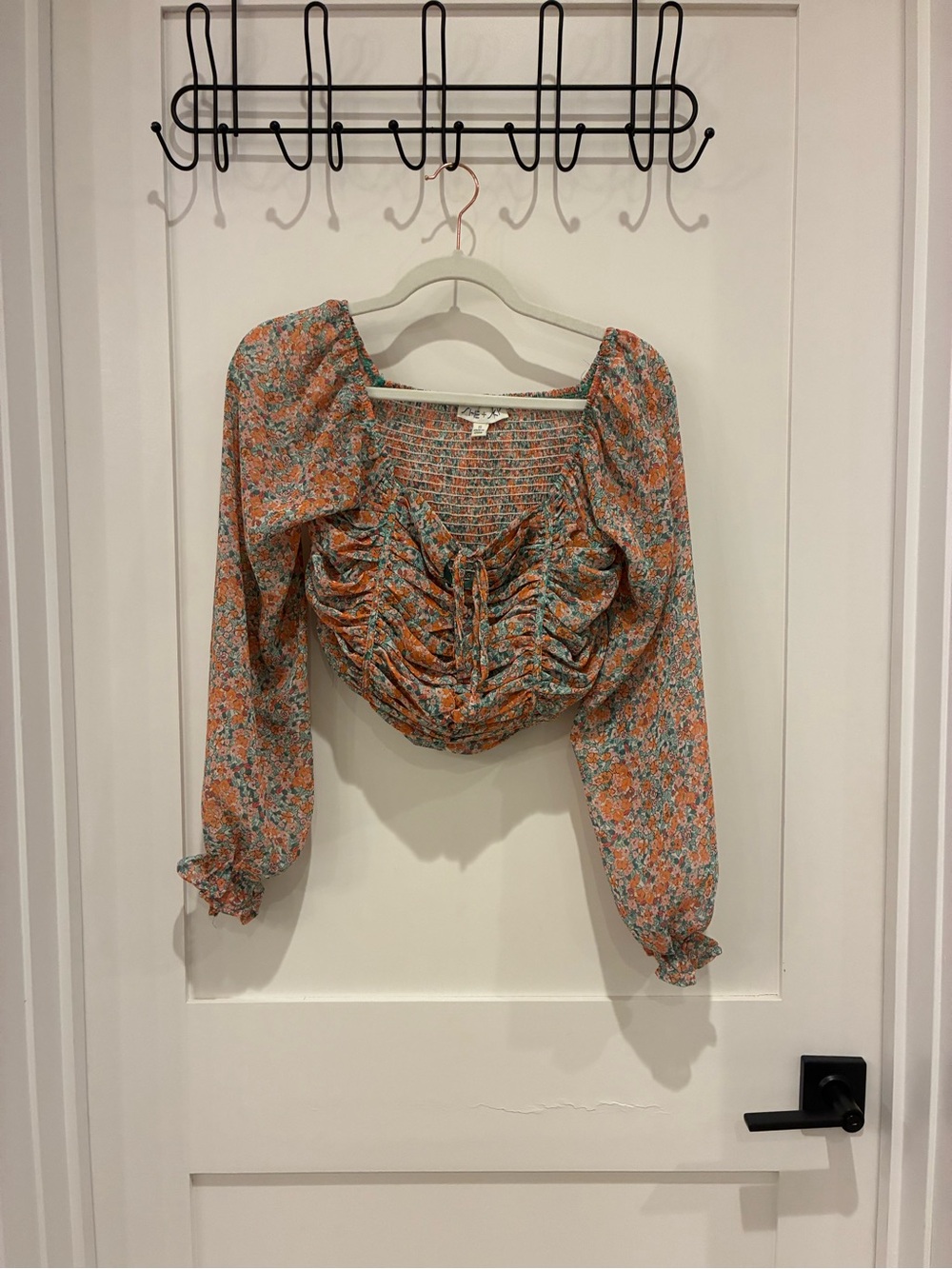She + Sky Floral Smocked Crop Top in Orange and Mint